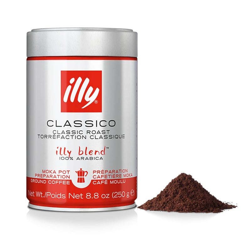 illy Ground Coffee Moka - 100% Arabica Flavored Coffee Ground - Rich Aromatic Coffee Grounds Profile â€“ Classico Medium Roast - Notes of Caramel, Orange Blossom & Jasmine - No Preservatives â€“ 8.8 Ounce - Image 1